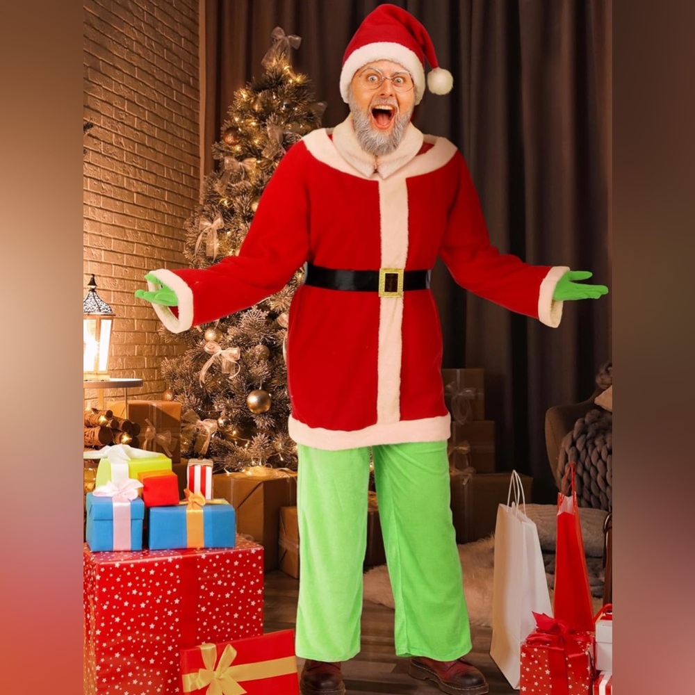 Geyoga 5 Pcs Christmas Santa Costume Lime Green Pants Outfit Clothes Unisex